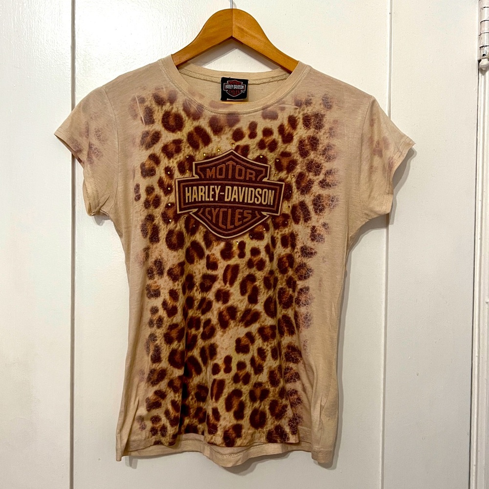 Harley Davidson Leopard Print Crystal Embellished Shirt, Size L, Small hole